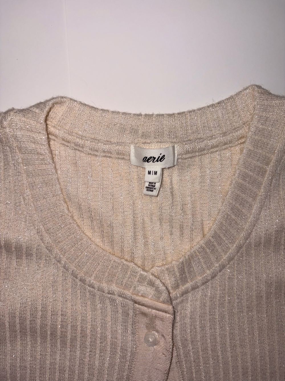 NWOT Aerie Light Beige Shimmer Ribbed Button down long sleeve - Picture 2 of 6